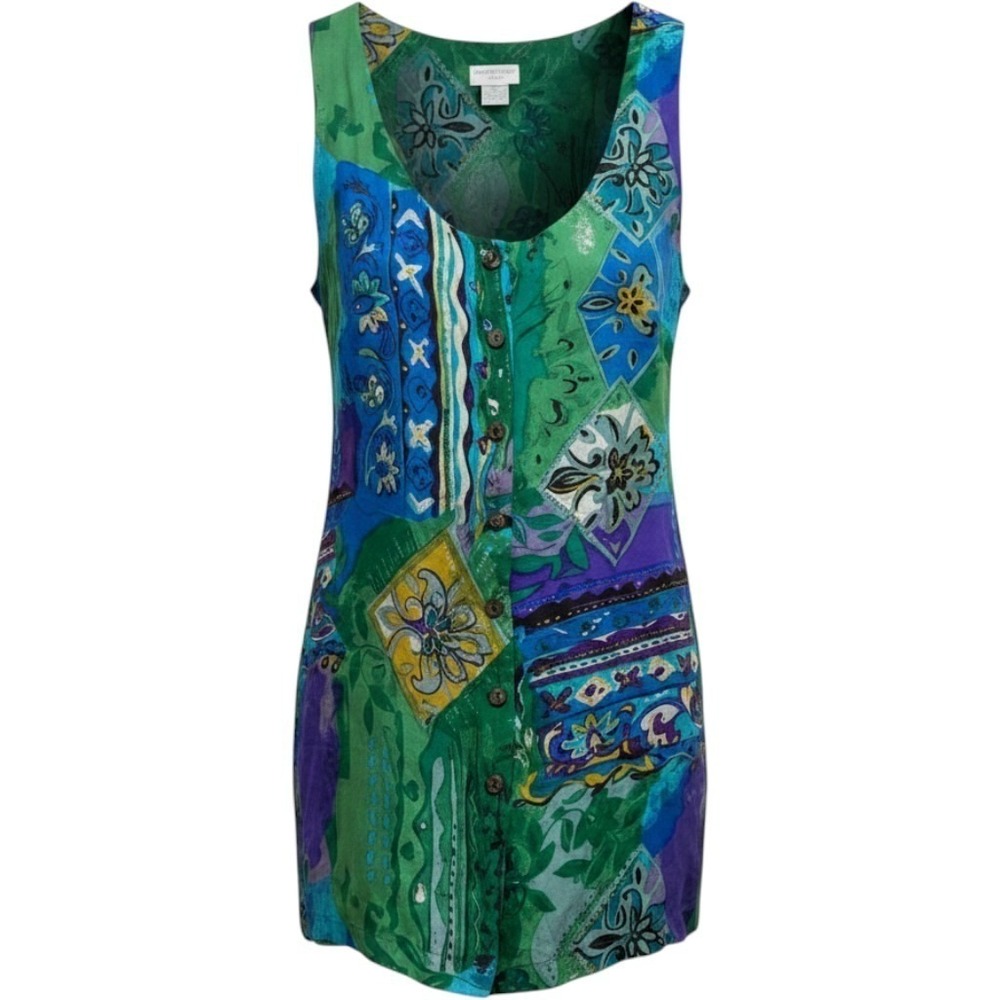 Vintage Y2K 100% Silk Button Front Tunic Top Artsy Colorful Whimsy Robert Stock